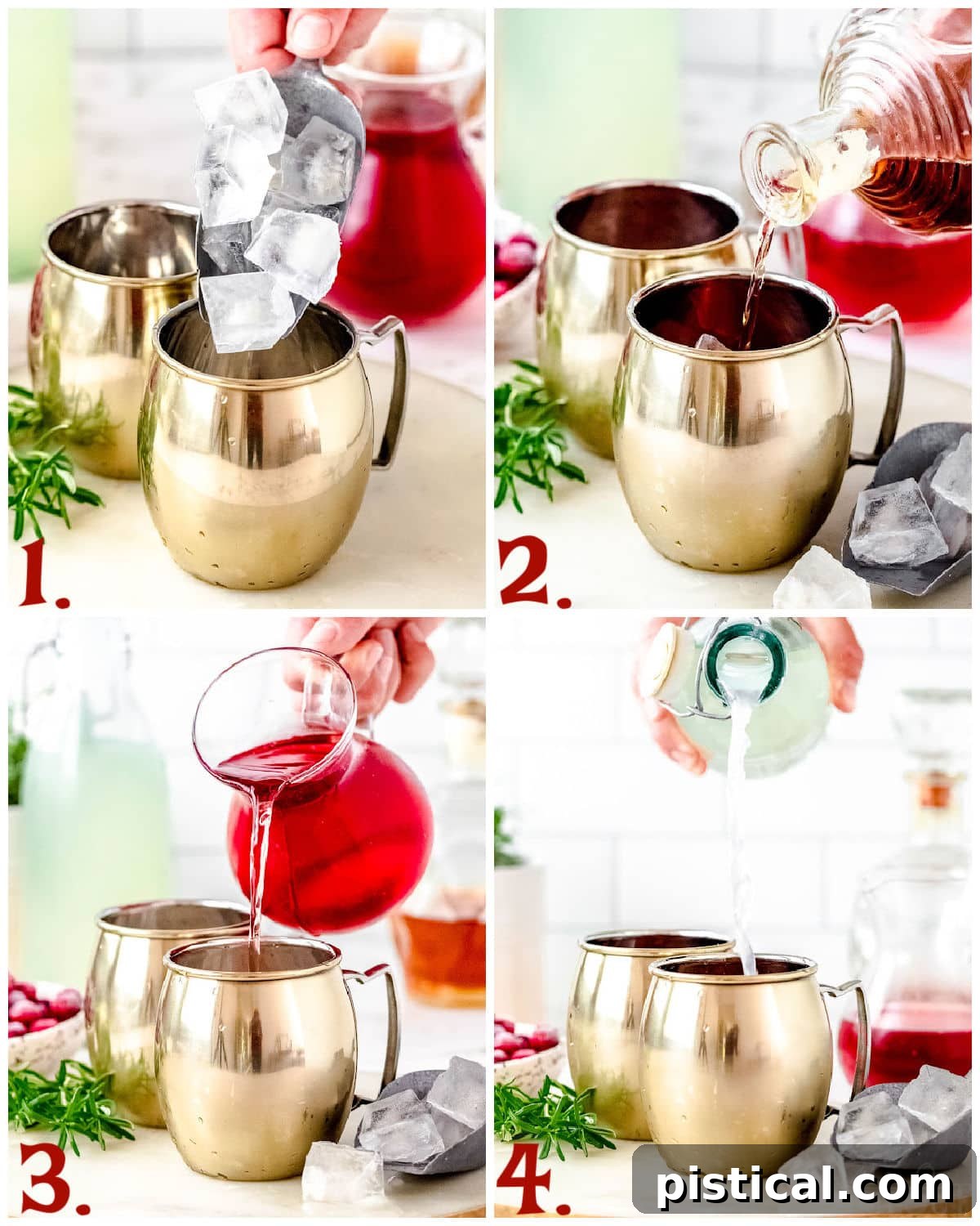 A four-image collage demonstrating the step-by-step process of making a Cranberry Moscow Mule, from adding ice to garnishing the final drink.