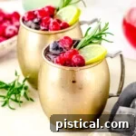 Two Cranberry Moscow Mule cocktails on a white board garnished with cranberries, lime slices and a sprig of rosemary.