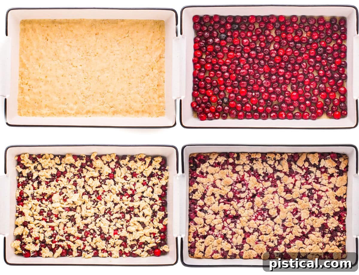 A four-image collage demonstrating the step-by-step process of making cranberry bars: (1) mixing the crust, (2) pressing the crust into the pan, (3) spreading the cranberry filling, (4) sprinkling the crumble topping.