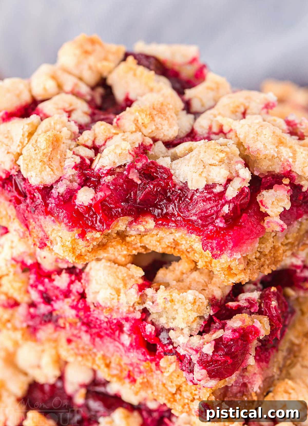 Close-up view of multiple Cranberry Bars stacked, showing the detailed texture of the golden-brown crumb topping and the rich red filling.