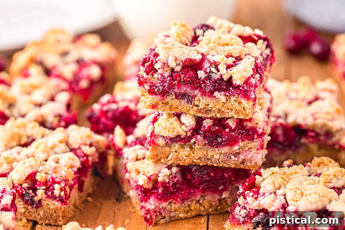 A stack of three homemade Cranberry Crumb Bars on a dark wooden board, perfectly showcasing the layers of buttery crust, sweet-tart filling, and golden crumble. A glass of milk is softly blurred in the background, suggesting a delightful pairing.