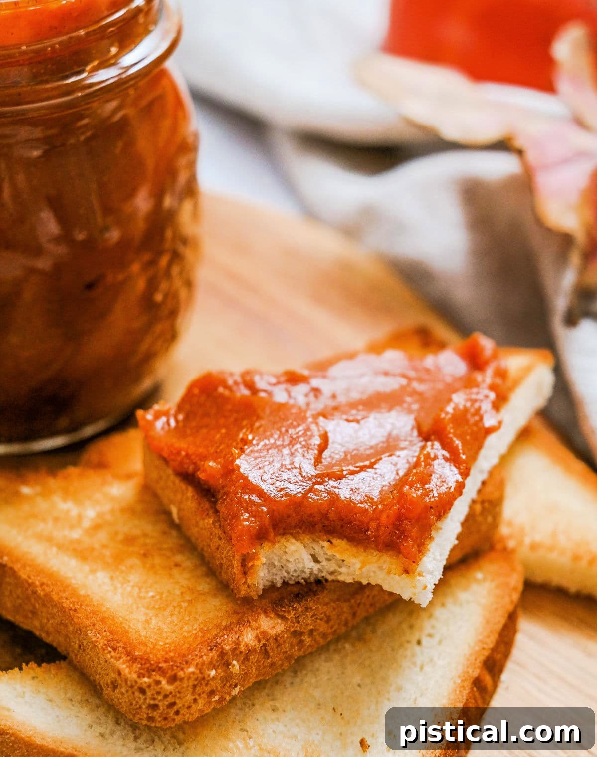 stack of toast with top piece cut into triangle and smeared with pumpkin butter. jar of pumpkin butter can be seen to the side.