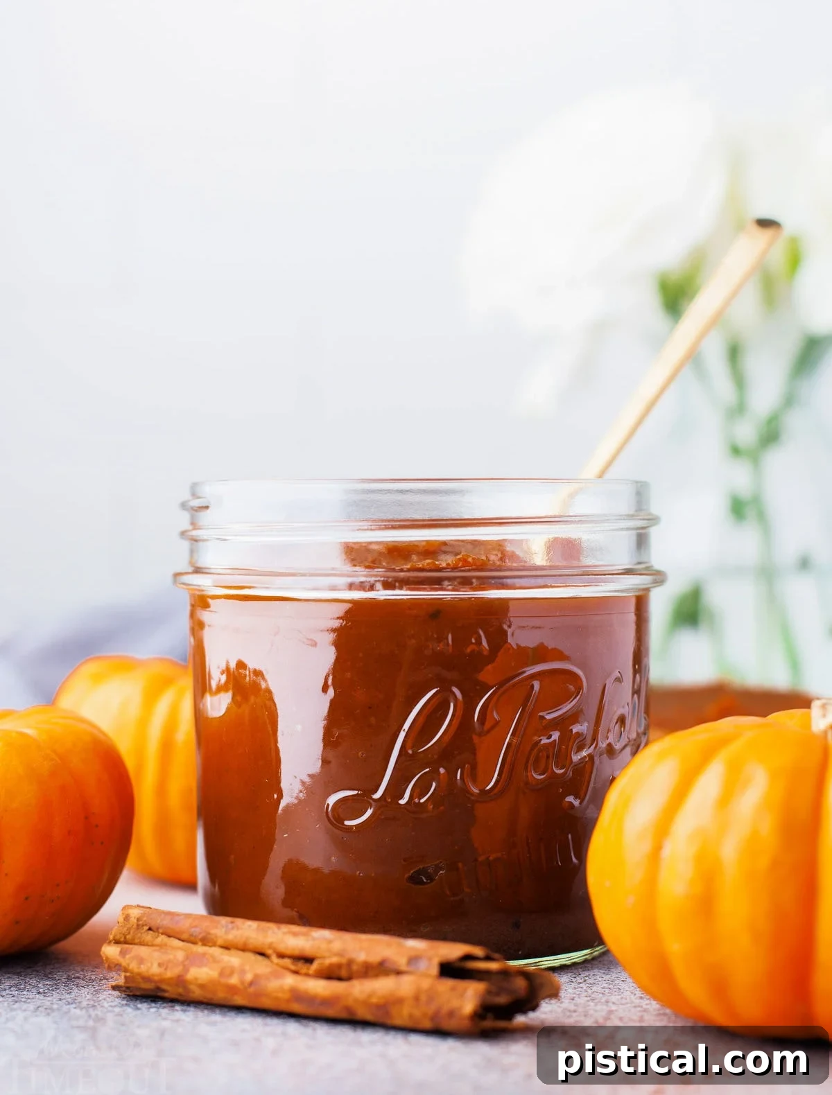 front view of glass jar filled with homemade pumpkin butter. three small decorative pumpkins and a cinnamon stick are sitting around the jar.
