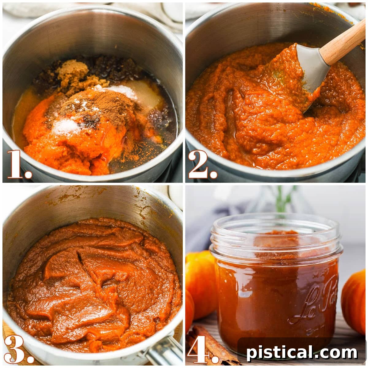four image collage showing how to make pumpkin butter in a saucepan on the stovetop.
