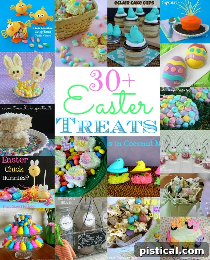Collection of over 30 vibrant and delicious Easter treats, including cakes, cookies, and candies, perfect for a festive celebration.
