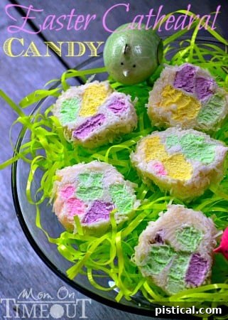 Easter Cathedral Candy, colorful gelatin squares with marshmallows.