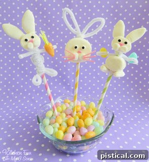 Easy Easter Bunny Marshmallow Pops, marshmallows decorated as bunnies on sticks.