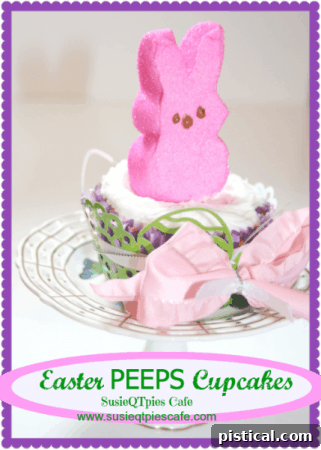 Easter Peeps Cupcakes, cupcakes decorated with colorful Peeps.