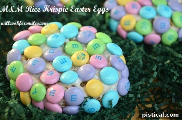 M&M Rice Krispie Easter Eggs, colorful egg-shaped crispy treats.