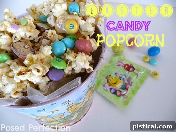 Easter Candy Popcorn, popcorn mixed with colorful candies and sprinkles.