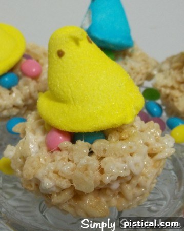 Rice Krispie Treat Nests with Peeps and jelly bean eggs.