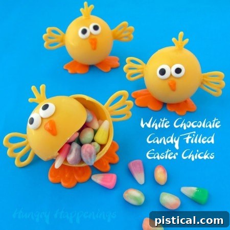 White Chocolate Candy Filled Easter Chicks, chocolate chicks filled with candy.