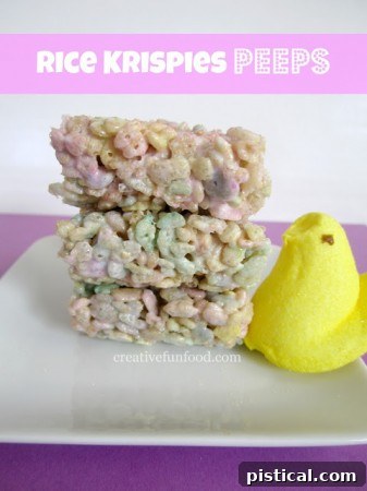 Rice Krispies treats shaped like Peeps, colorful and fun for Easter.