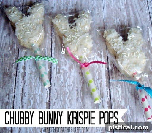 Chubby Bunny Krispie Pops, rice krispie treats on sticks shaped like bunnies.