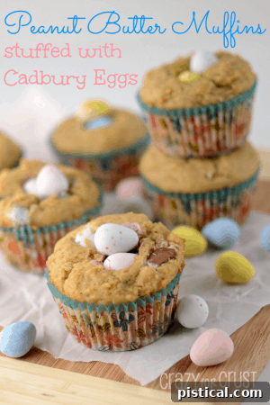 Peanut Butter Cadbury Mini Egg Muffins, a delicious combination of peanut butter and chocolate eggs.