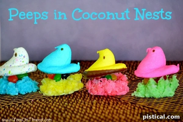Peeps in coconut nests with jelly beans, a charming Easter dessert.
