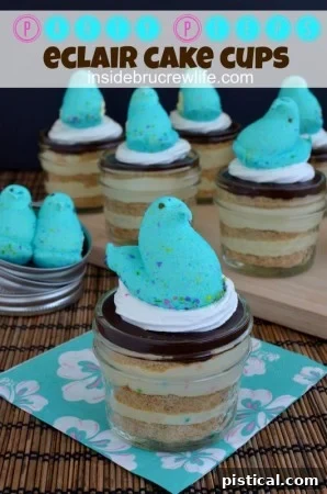 Party Peeps Eclair Cake Cups, individual eclair desserts topped with festive Peeps.