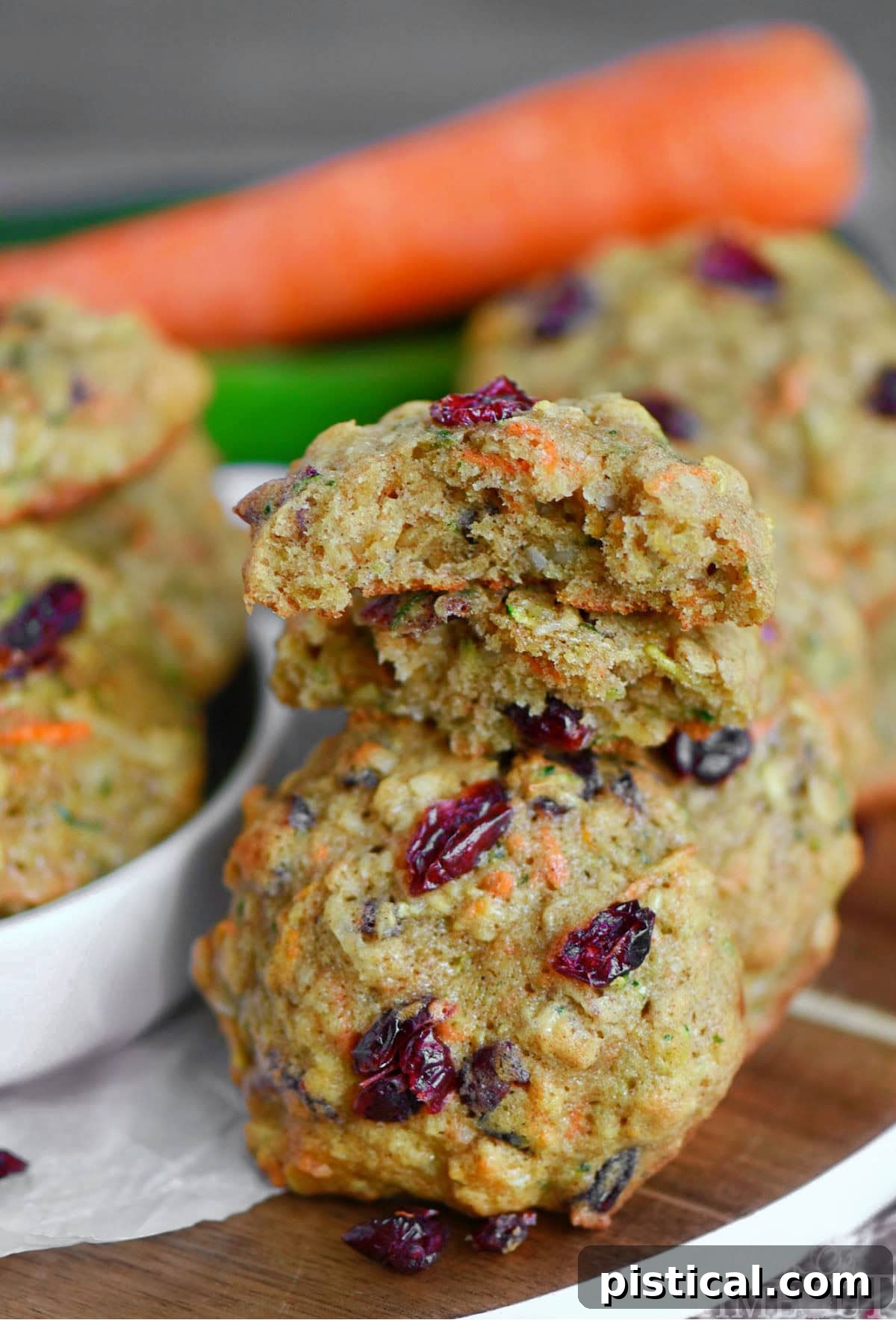 Freshly baked zucchini cookies arranged on a rustic wooden board with a white rim. One cookie is halved, revealing the texture and ingredients within. Carrots and zucchini are visible in the soft-focus background, hinting at the fresh components of the recipe.
