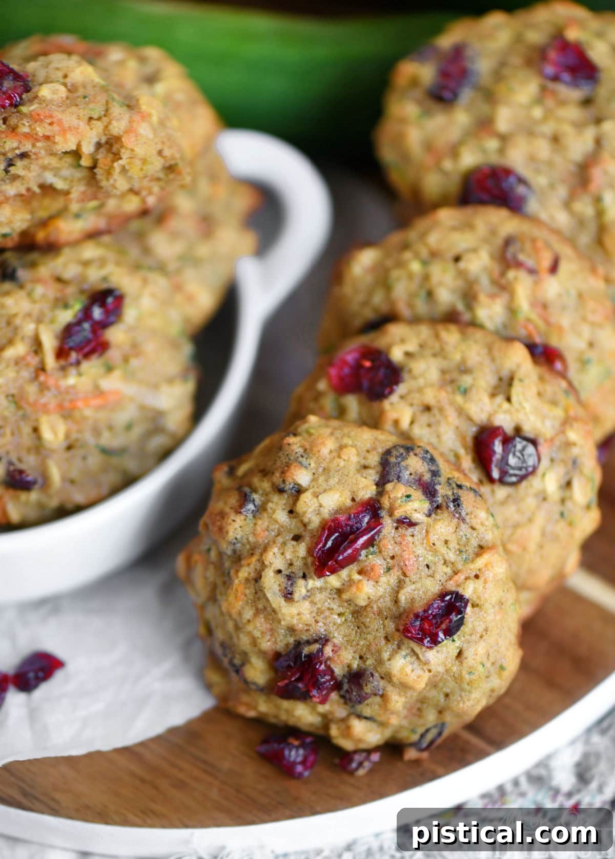 An inviting row of golden-brown zucchini craisin oatmeal cookies resting on a smooth, round wooden serving board. The overhead angle highlights their appealing texture and the vibrant flecks of dried cranberries and other ingredients.