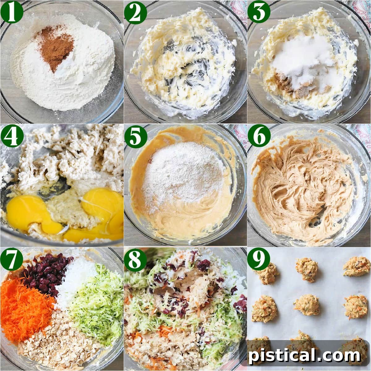 A nine-image collage illustrating the step-by-step process of making zucchini cookies, from grating vegetables to mixing dough and baking.