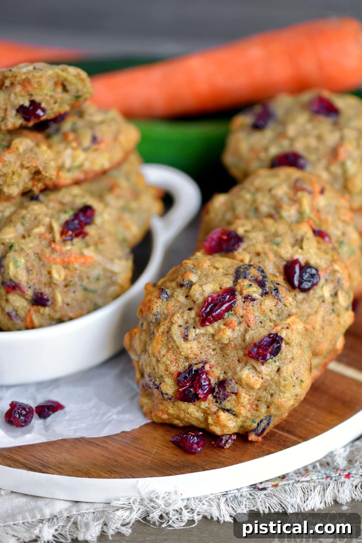 A neat row of freshly baked zucchini oatmeal cookies showcasing their rich texture and visible cranberries. In the background, fresh carrots and zucchini are arranged, emphasizing the wholesome, garden-fresh ingredients.