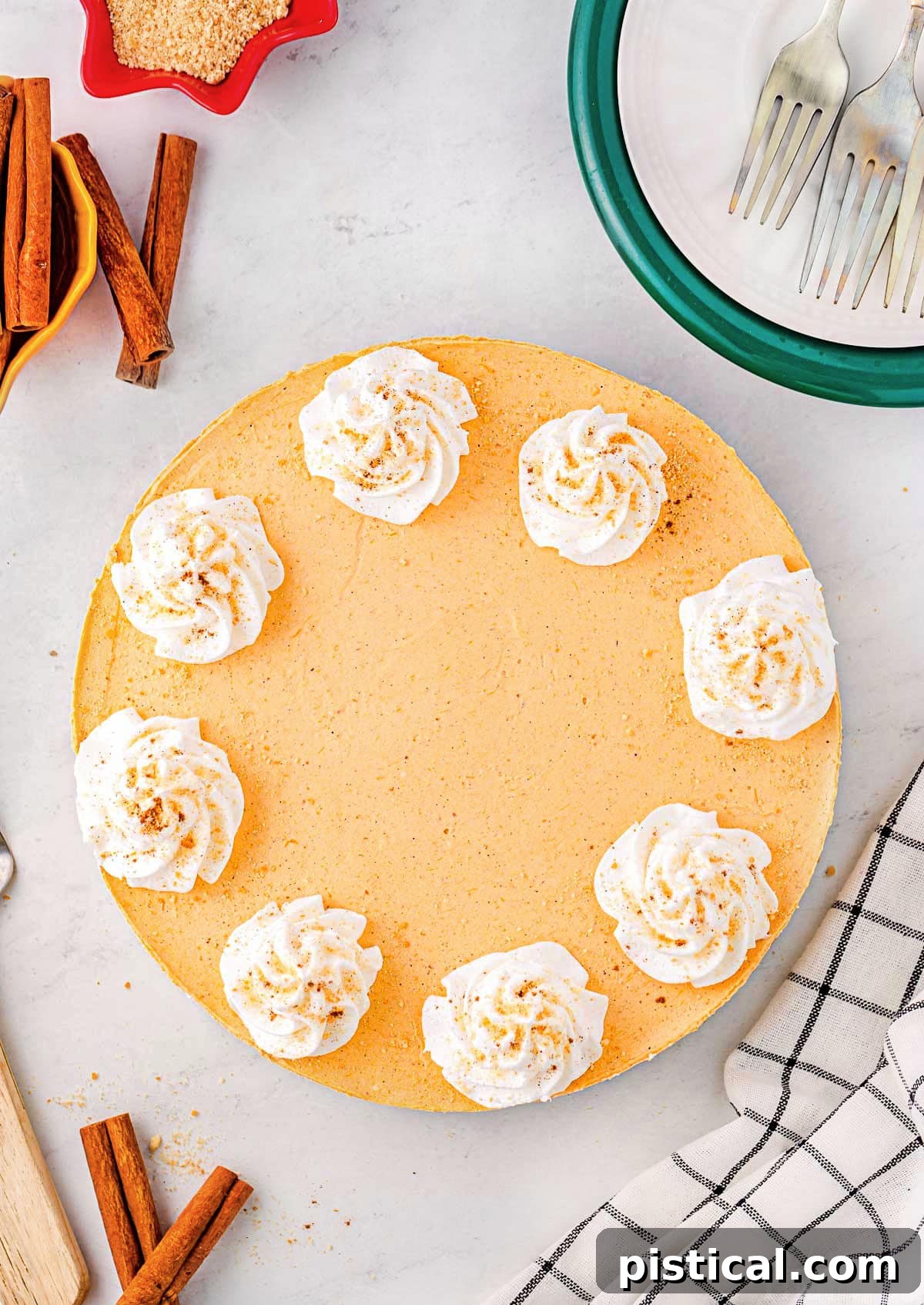 Decadent No Bake Pumpkin Cheesecake 3 A top-down view of a whole no bake pumpkin cheesecake adorned with artfully placed dollops of whipped cream, ready to be served.
