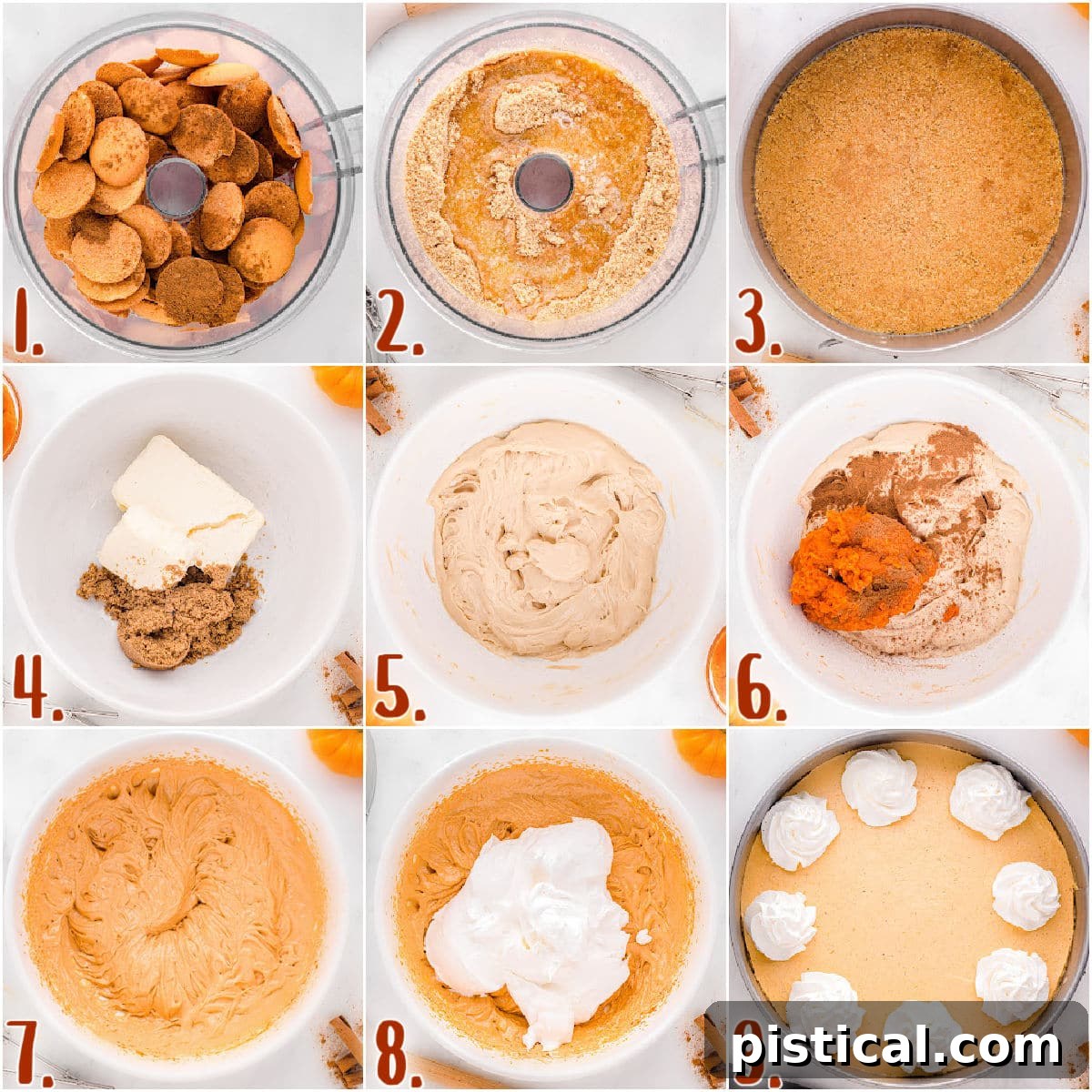 Decadent No Bake Pumpkin Cheesecake 6 A nine-image collage demonstrating the step-by-step process of making a no bake pumpkin cheesecake, including how to prepare the crust and filling.