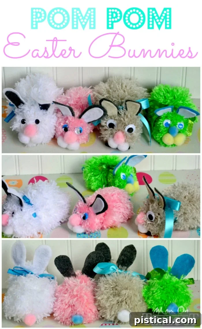 Close-up collage of multiple Pom Pom Easter Bunnies in different colors and expressions