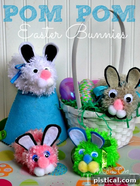Collection of colorful handmade Pom Pom Easter Bunnies in various sizes and poses