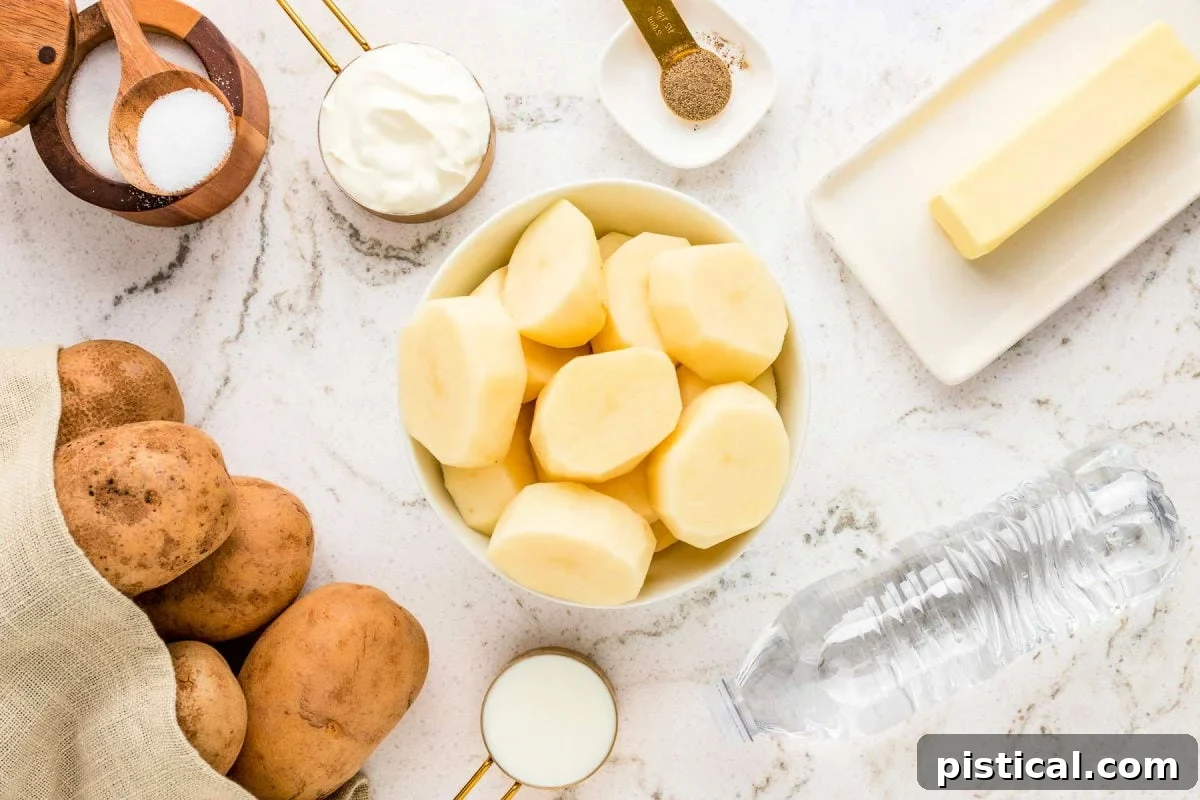 A vibrant top-down view of all the fresh ingredients needed to make Instant Pot Mashed Potatoes, meticulously arranged on a rustic wooden surface.
