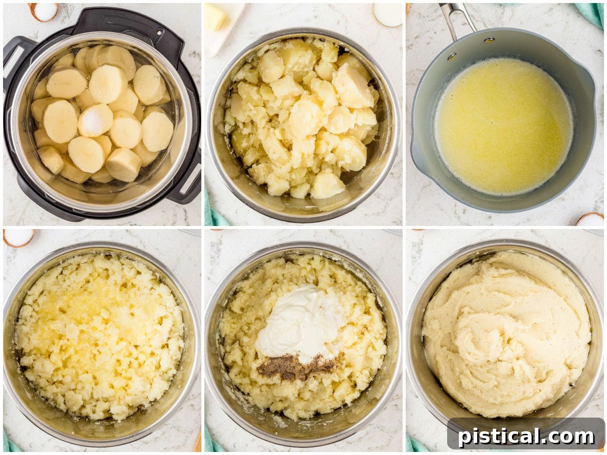A step-by-step photographic collage showing the process of making mashed potatoes in an Instant Pot, from potatoes in the pot to perfectly mashed and seasoned.