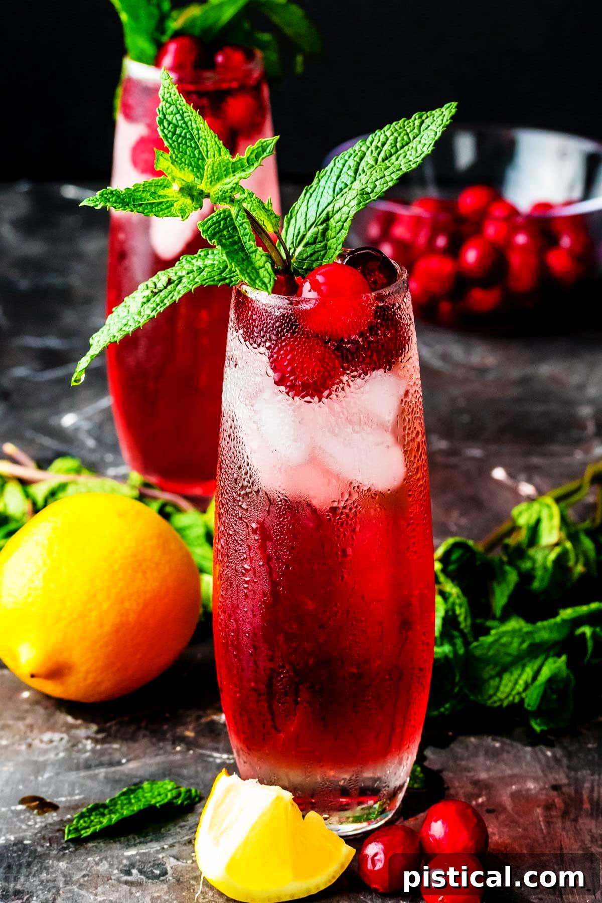 two gin cranberry cocktails topped with fresh cranberries and a big sprig of mint. lemons are cut and around the two glasses.