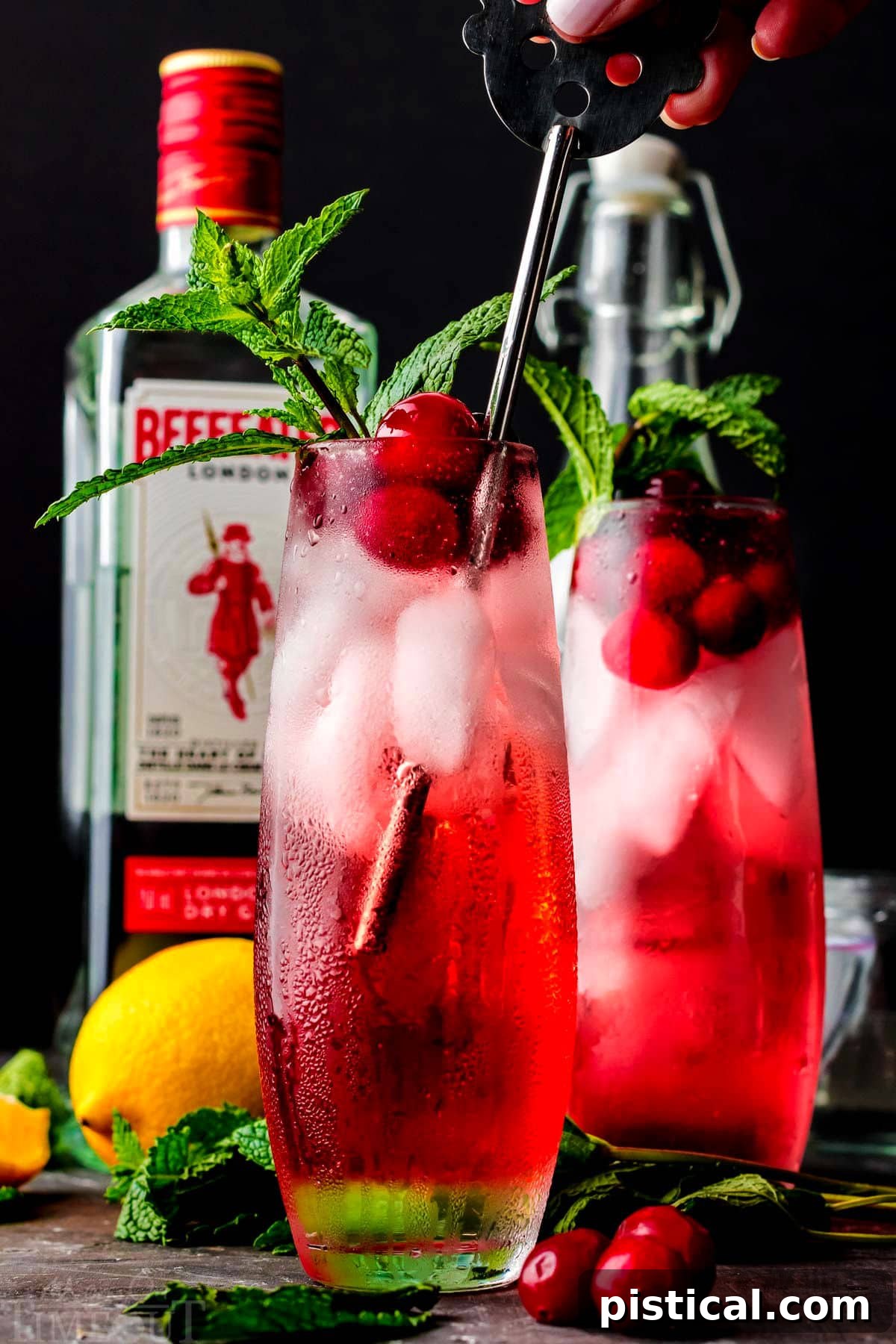 a metal stirrer stirring the cranberry gin cocktail and another cocktail is in the background with a bottle of gin.