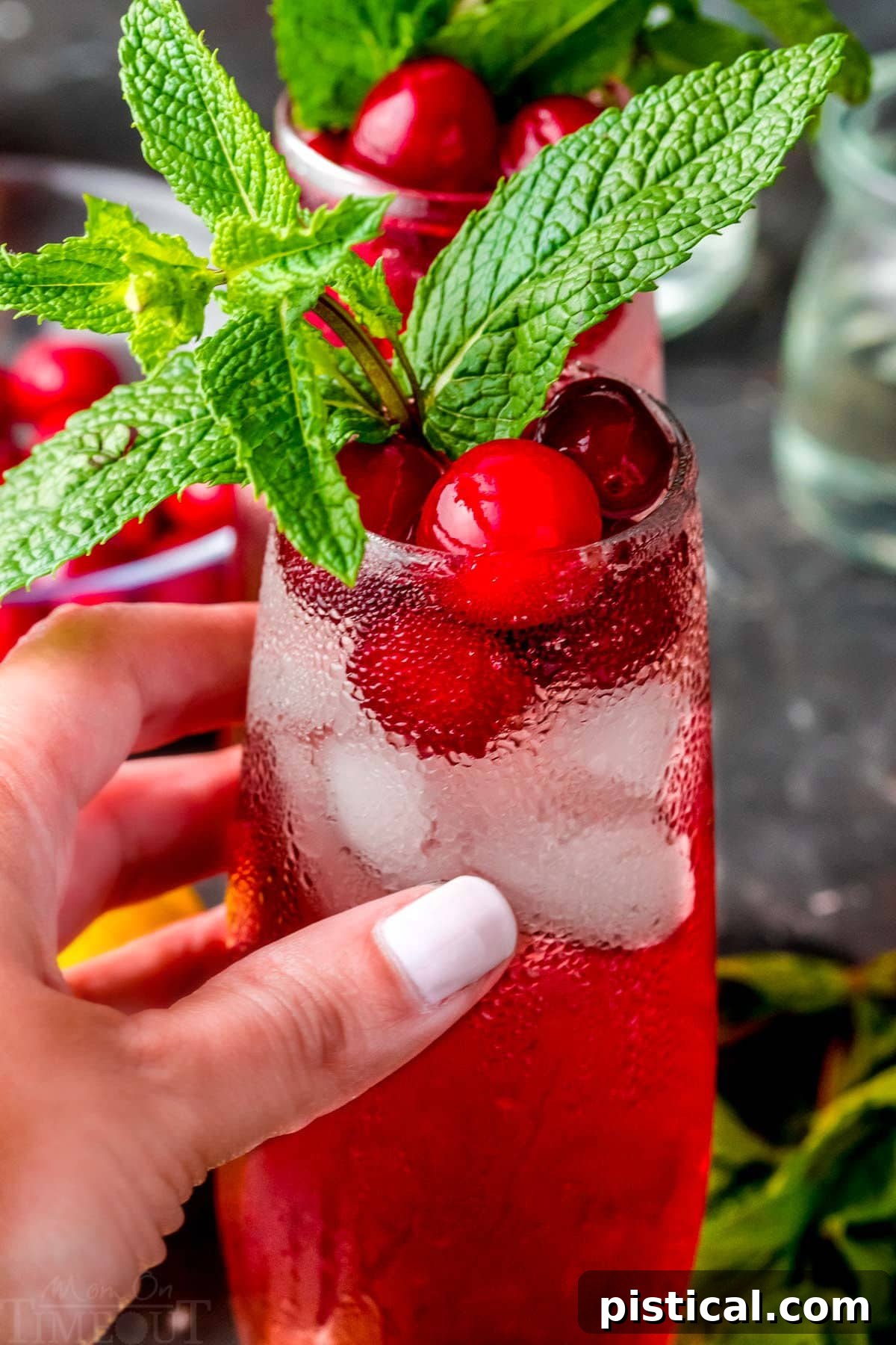 hand holding a cranberry cocktail with a fresh mint sprig on top.