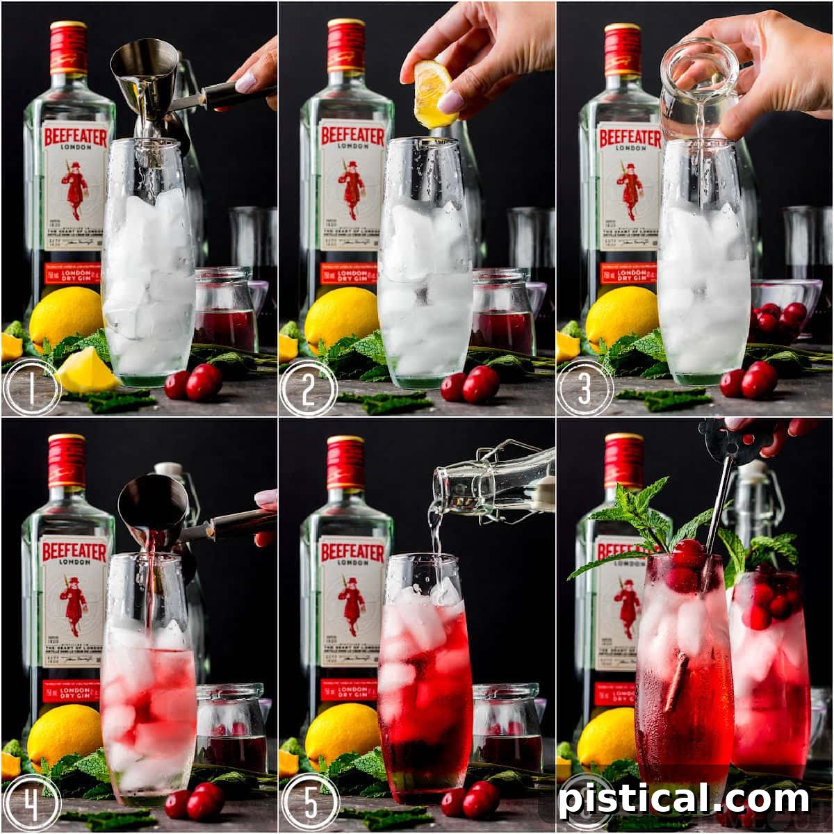 six image collage showing how to make a cranberry gin cocktail step by step.