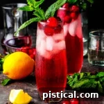 shot of cranberry gin cocktails sitting on a dark surface with a lemon and fresh mint next to the glasses.
