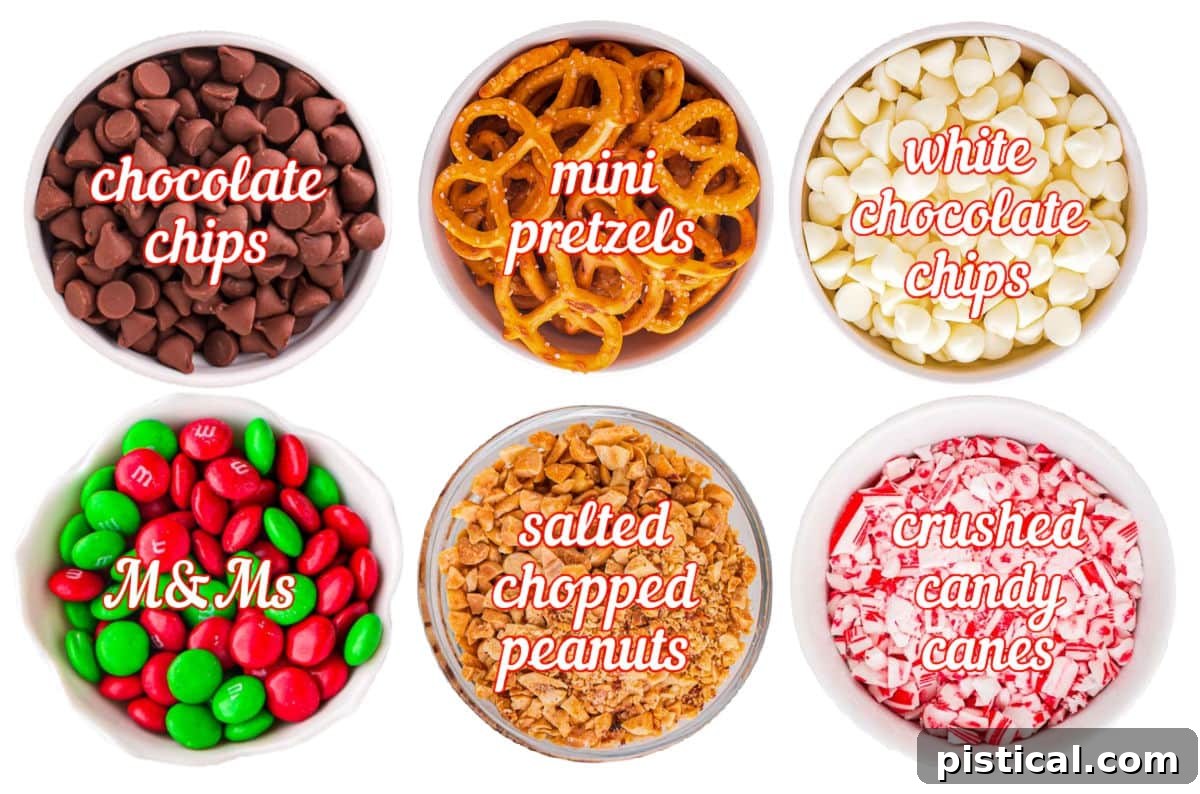 christmas bark ingredients measured out into small bowls. each ingredient has a label over the top of the image.