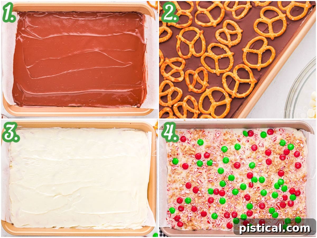 four image collage showing how to make christmas chocolate bark.