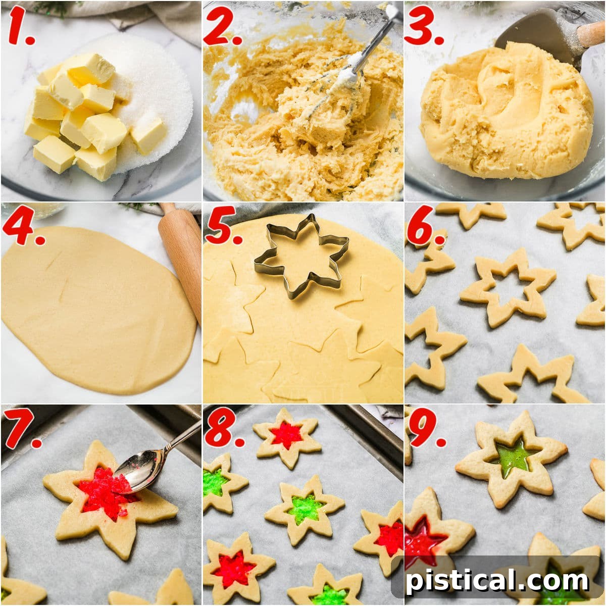 Crystal Window Bites 6 nine image collage showing step by step how to make stained glass cookie recipe.