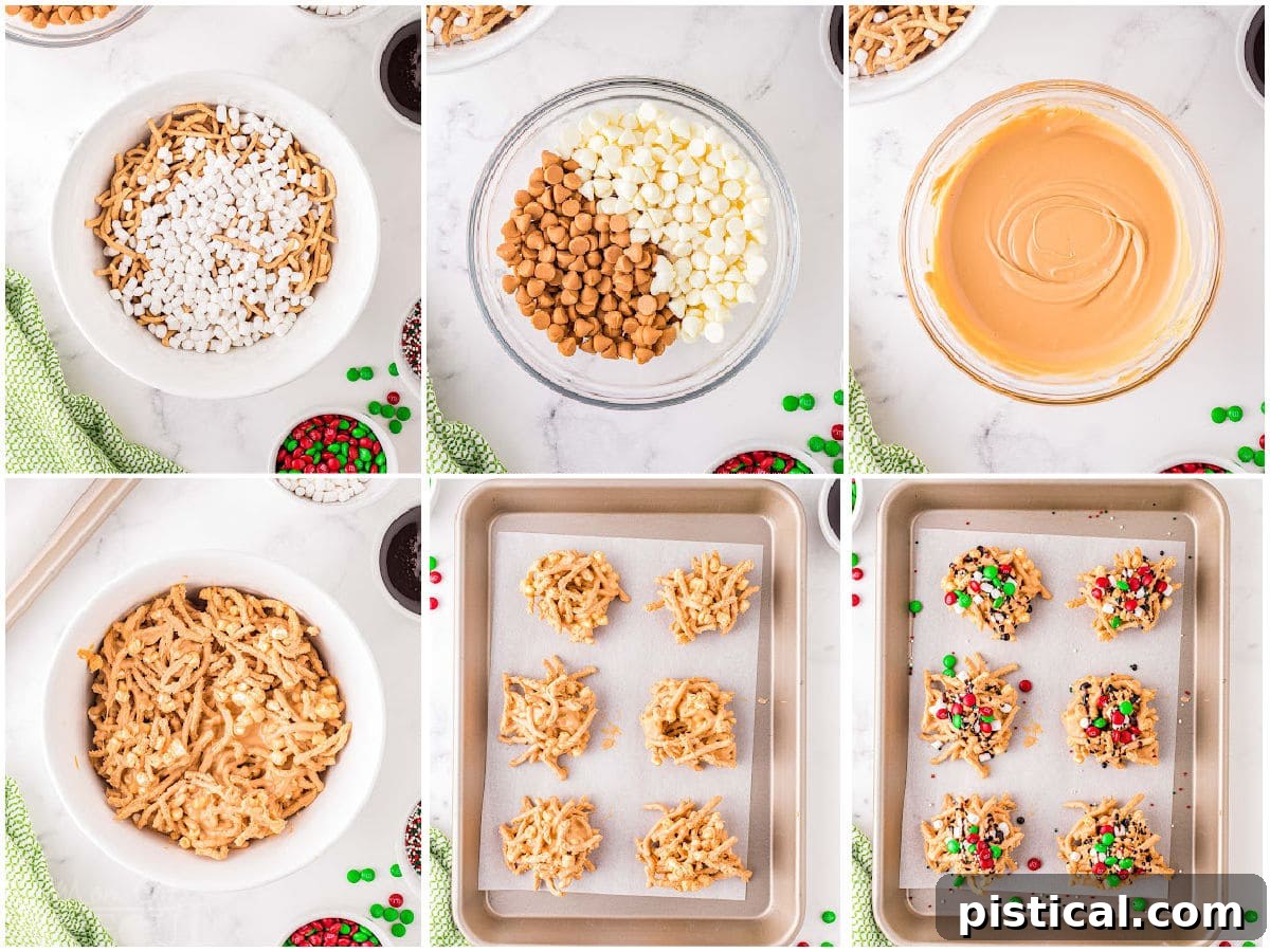A six-image collage illustrating the step-by-step process of making haystack candy and transforming them into whimsical Elf Cookies with various toppings.