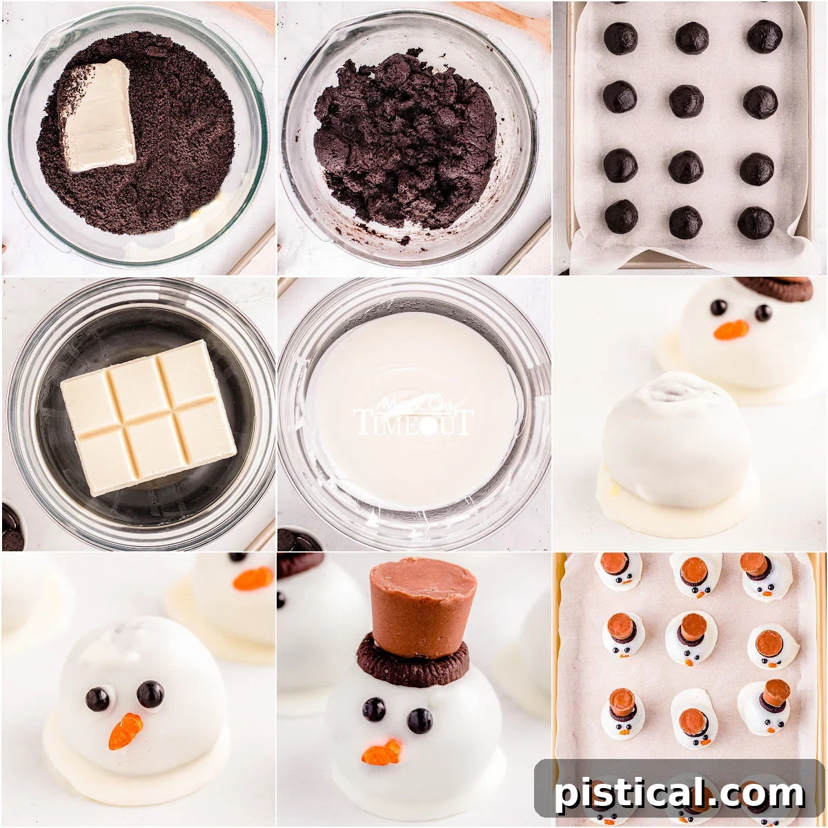 Melting Snowman Oreo Truffles 4 nine image collage showing how to make snowman oreo balls.