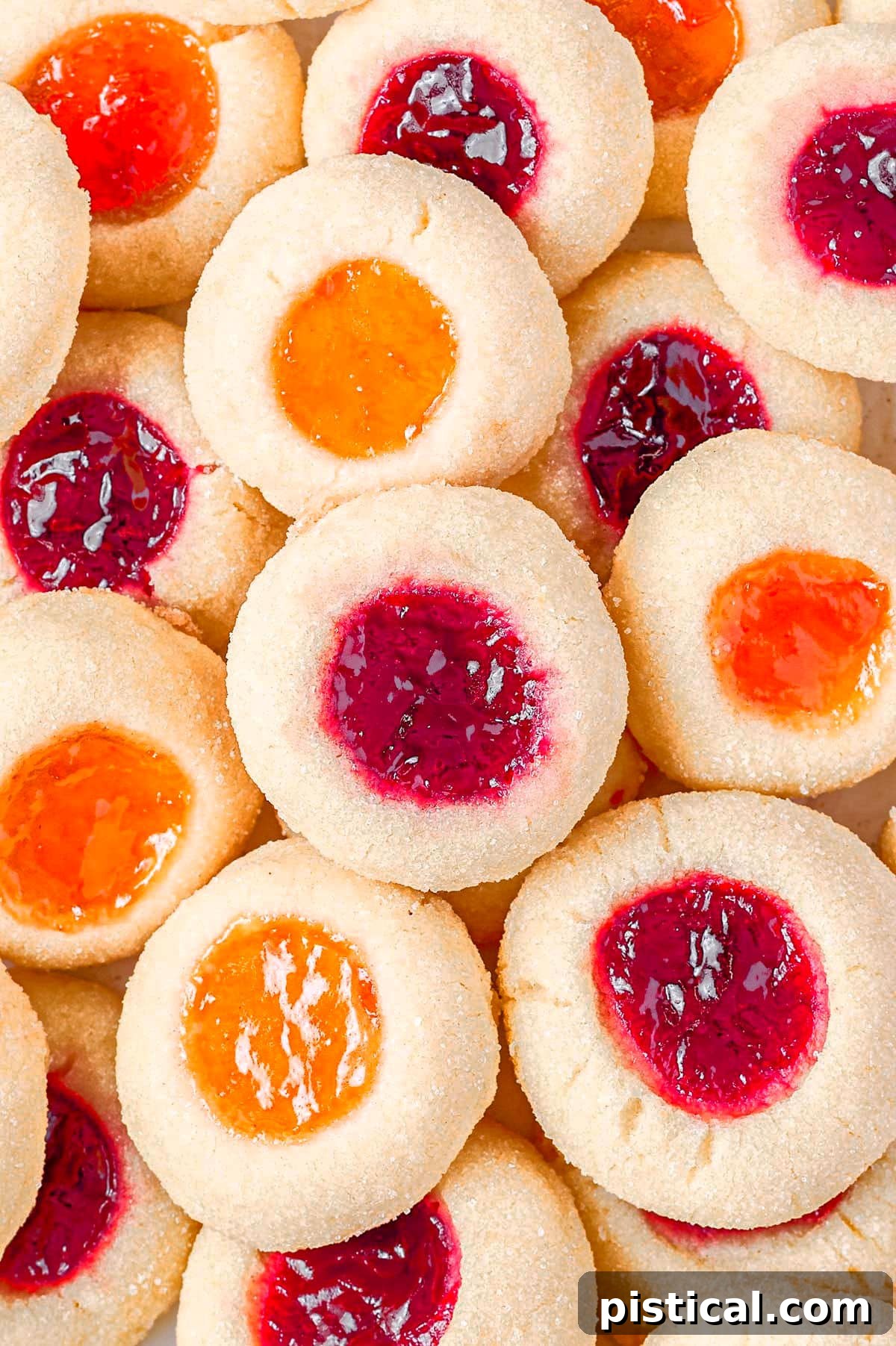top down look at jam filled cookies piled on a plate with bright orange and red jam filled centers.