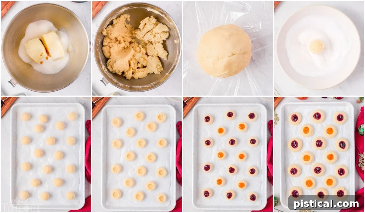 eight image collage showing how to make thumbprint cookies step by step.