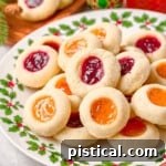 christmas plate piled high with thumbprint cookies filled with apricot and raspberry jam.