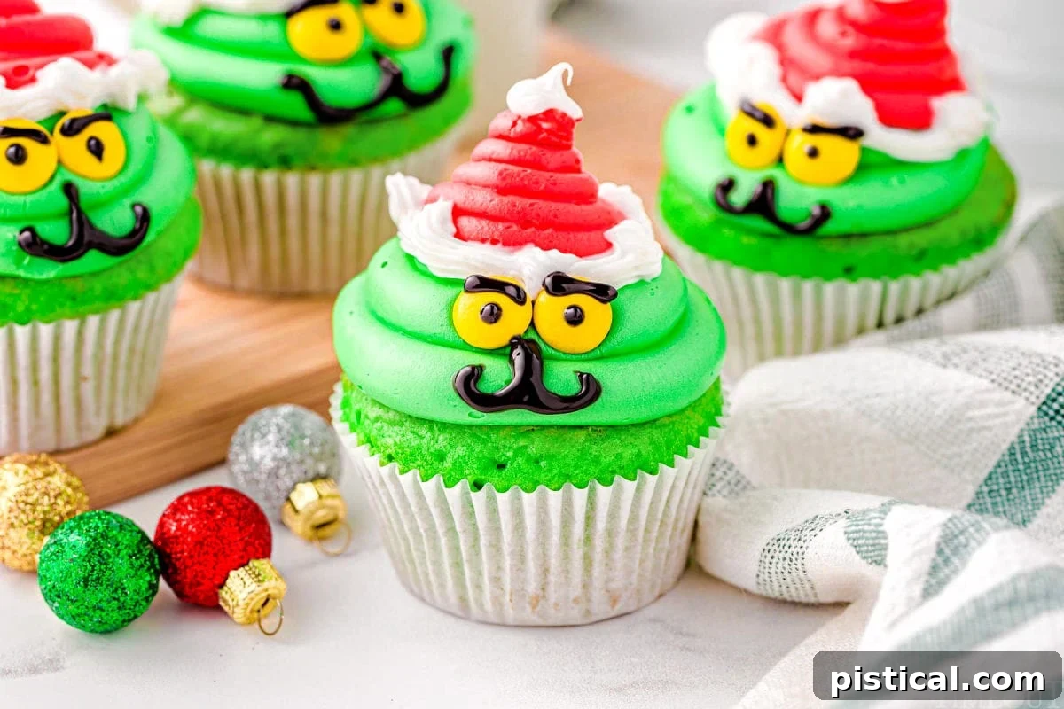 A wide shot displaying four perfectly decorated Grinch cupcakes in white liners, ready to be devoured, highlighting their vibrant green and red festive colors.