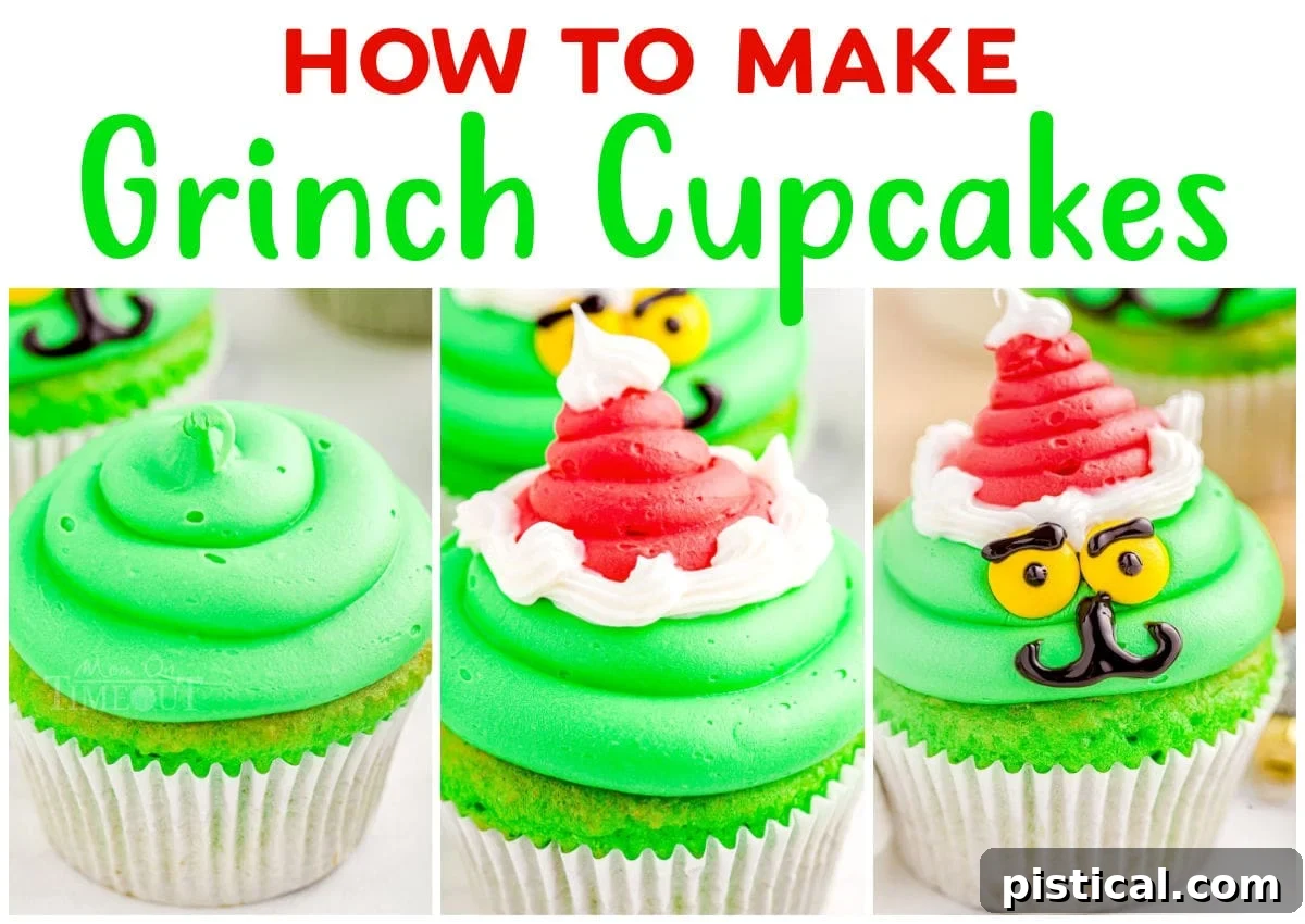 A three-image collage illustrating the key steps to decorate Grinch cupcakes: piping the green head, adding the red Santa hat, and detailing the face with yellow candies and black icing.