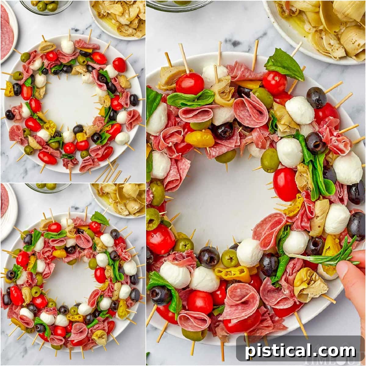three image collage showing how to create an antipasto charcuterie wreath.