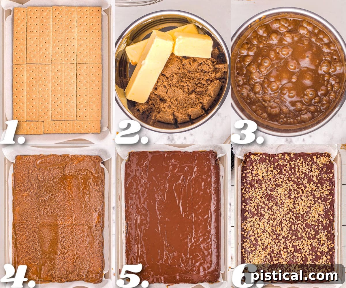 Six image collage showing how to make graham cracker toffee step by step, from lining the pan to the finished product.