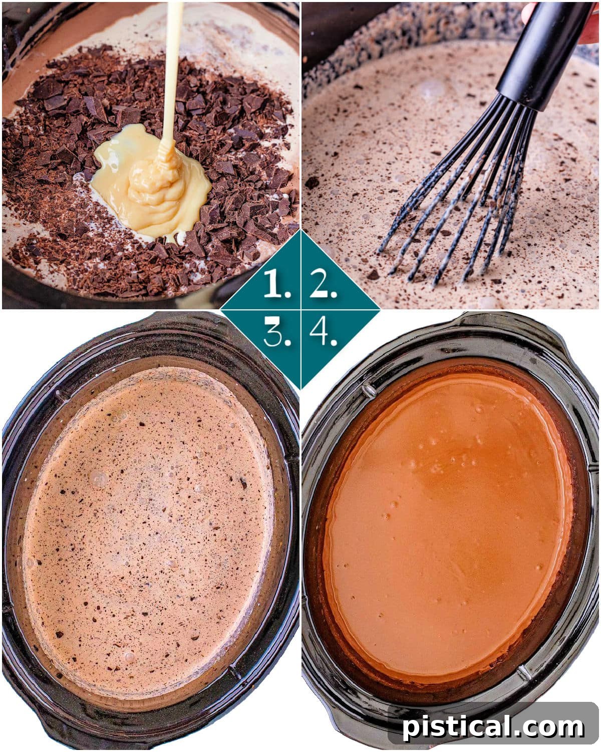 A four-image collage demonstrating the step-by-step process of making crockpot hot chocolate.