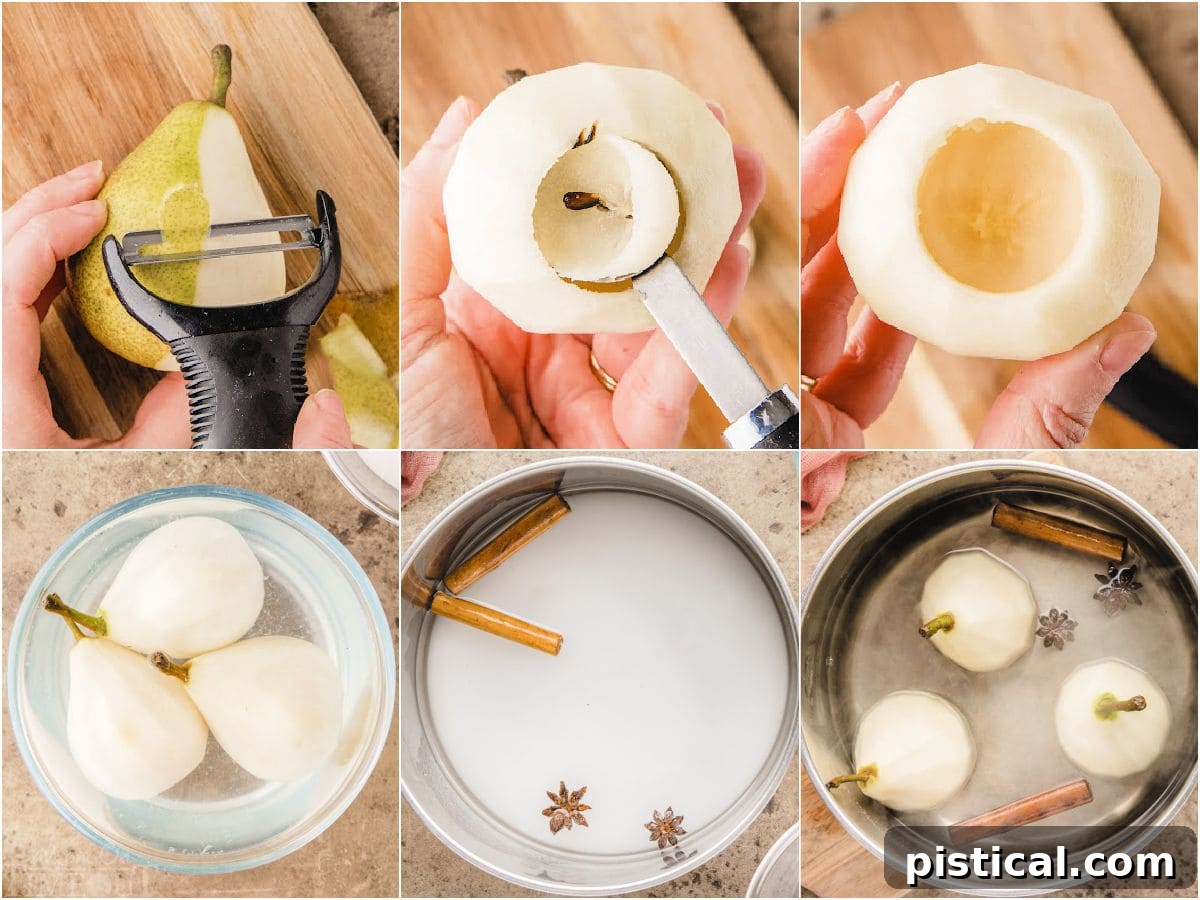 Velvet Pear Indulgence 5 six image collage showing how to poach pears step by step.
